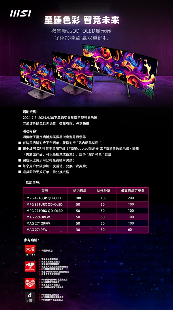 重庆时时彩：全部支持烧屏三年保！微星QD-OLED显示器官方最高补贴200元